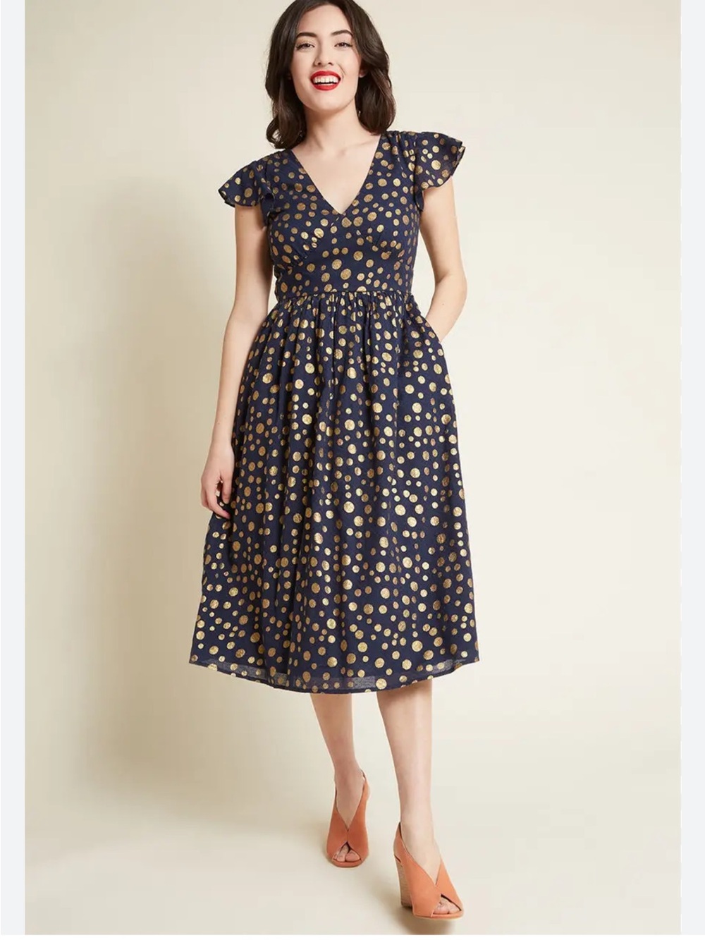 ModCloth navy / Gold polka dot Midi dress Size Large